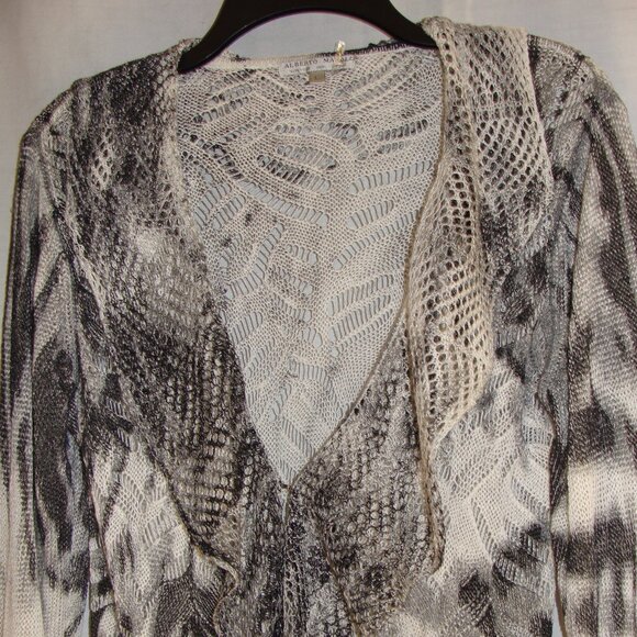 White & Charcoal Gray 3/4 Sleeve Open Knit LINEN Blend CARDIGAN Sz LARGE - Picture 4 of 8